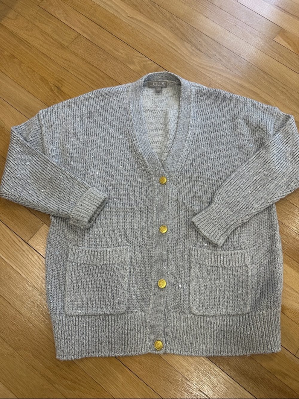J. Crew light Gray sequin V-Neck Cardigan with Gold Buttons